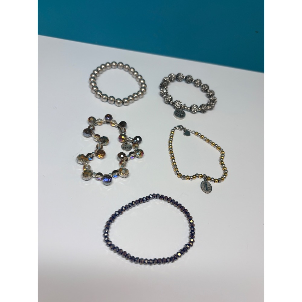 Mixed‎ Beaded Bracelet Lot 5pc Saint Benedict Medal Cross Charm Silver Gold Tone